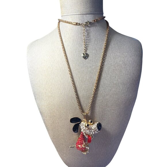 Betsey Johnson Dog Pendant Necklace Articulated Rhinestone Crystal Gold Tone - Picture 2 of 8